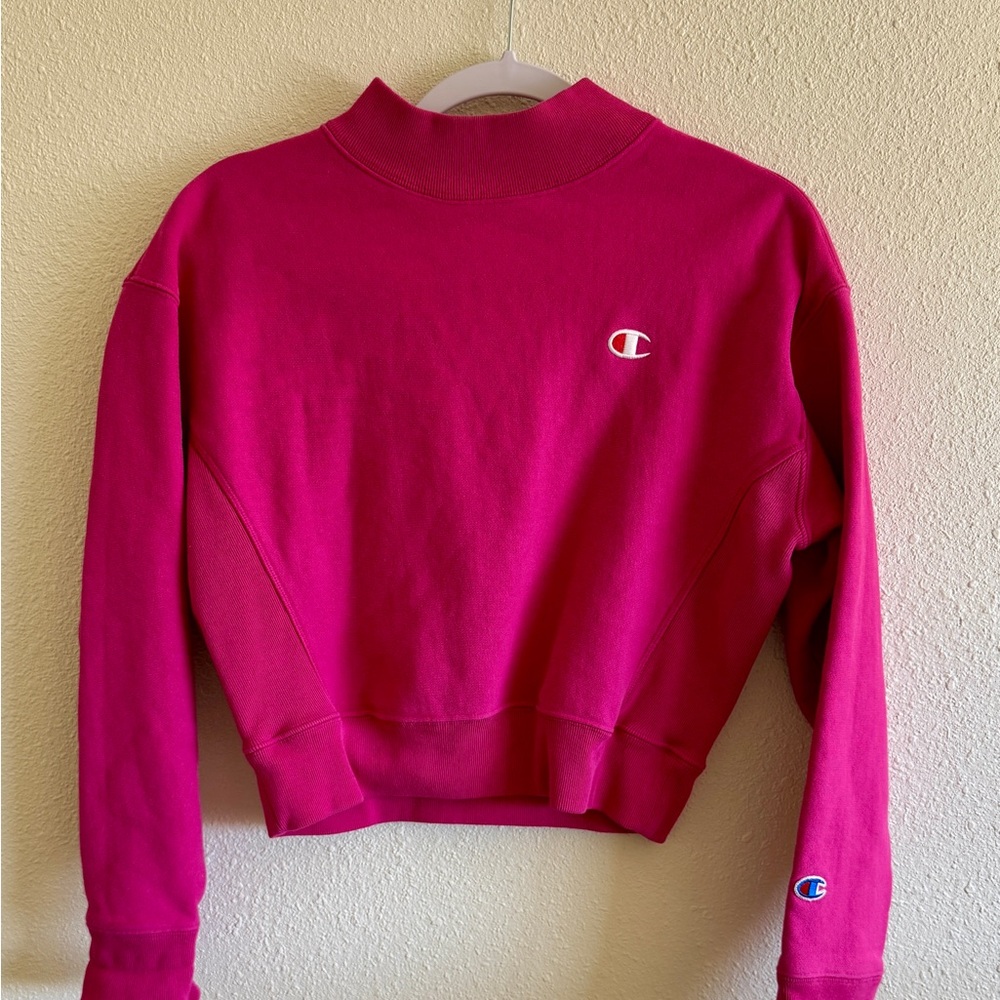 Champion Fuchsia Reverse Weave Mock Neck Cropped Sweatshirt